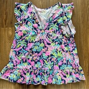 Lilly Pulitzer Lacie Peplum Top Blue Pink Floral Small Ruffle Flutter Sleeve